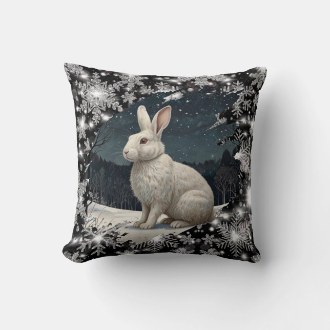 Almofada Elegant white rabbit Christmas snowflakes (Frente)