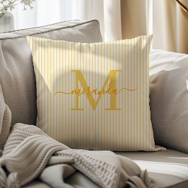Almofada Elegant Yellow & White Stripes Monogram Name