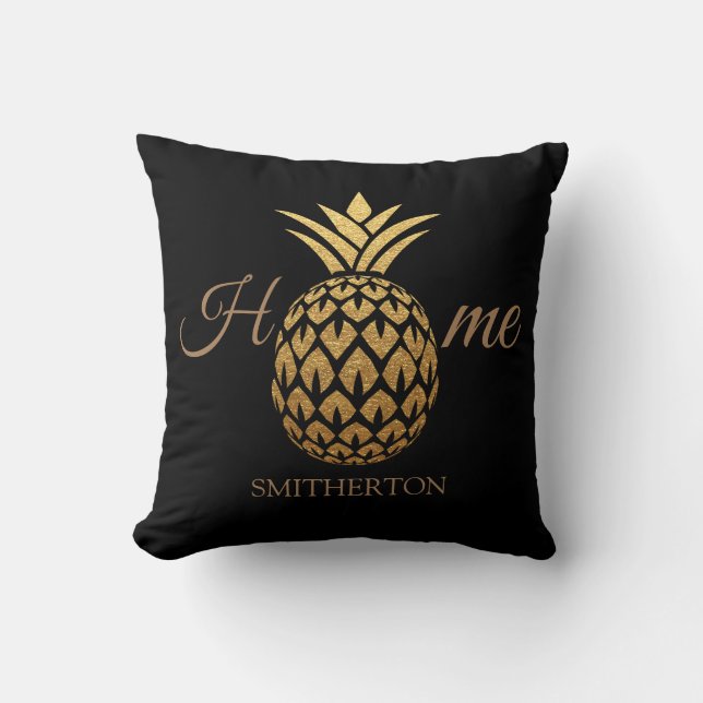 Almofada Elegante Abacaxi Dourado Moderno Preto Casa (Frente)