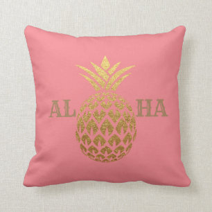 Almofada Elegante Abacaxi Dourado Moderno Rosa Coral Aloha