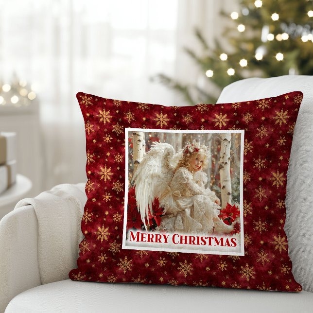 Almofada Elegante Anjo Vitoriano com Acento de Natal em Ver (Elegant Victorian Angel Red Gold Accent Christmas Pillow

)