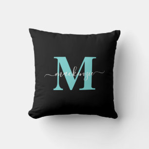 Almofada Elegante Aqua Blue Black Monographic Name