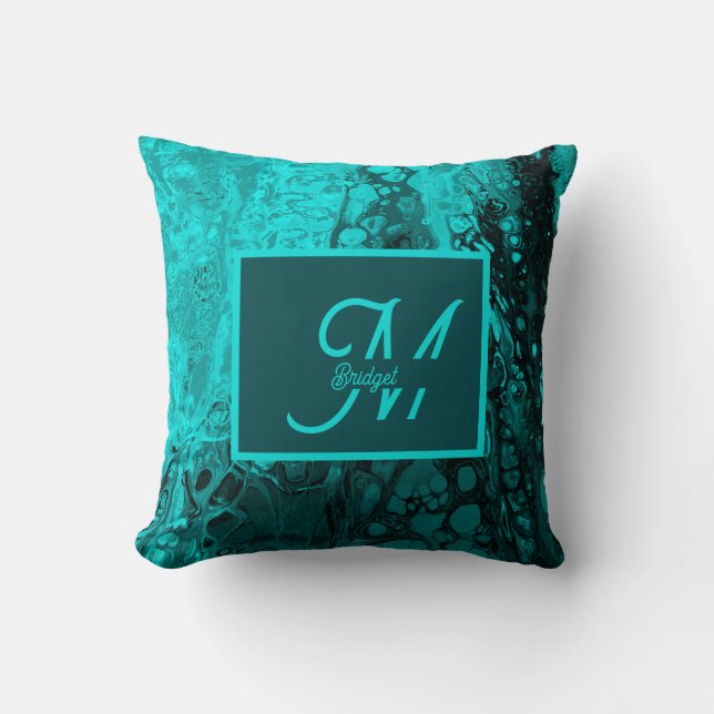 Almofada Elegante Aqua Teal marble bold typografia Monogram (Frente)