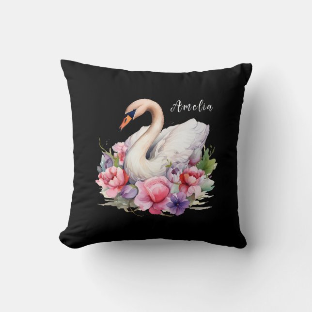 Almofada Elegante Aquarela Floral Black Swan Nome da filha (Frente)