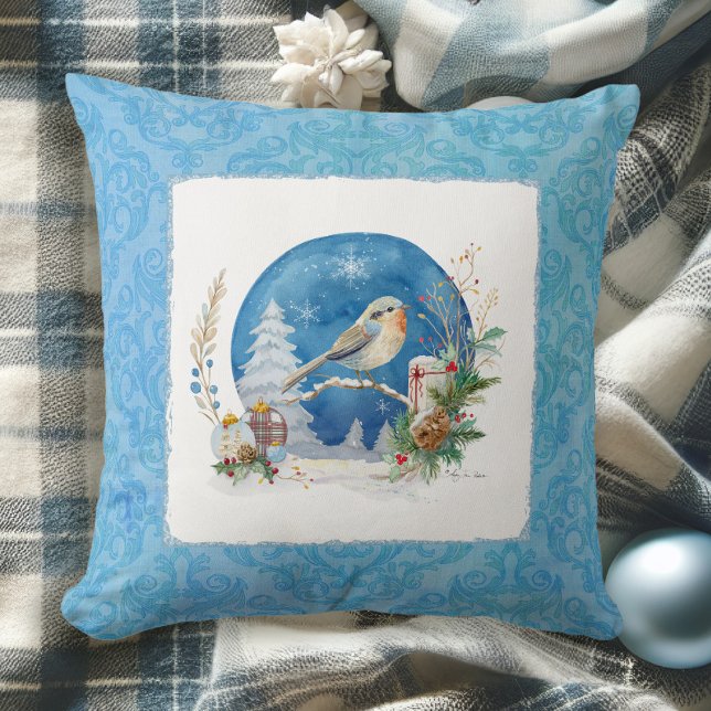 Almofada Elegante Aquarela Inverno Pássaro de Neve Azul Nat (Criador carregado)