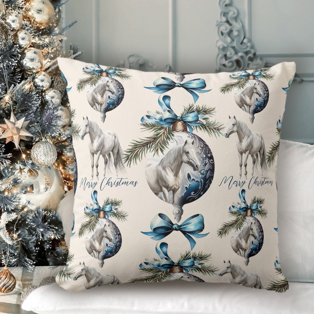 Almofada Elegante azul de Natal, modelo branco (Elegant blue Christmas white horse pattern Throw Pillow)