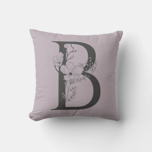 Almofada Elegante B Boho Monograma Floral Inicial Cinza Lil
