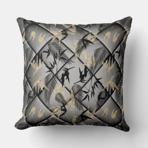 Almofada Elegante Bambu Palmeiras Preto Dourado Cinza Prata