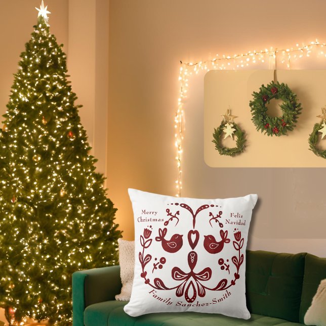 Almofada Elegante Bilíngue Burgundy Birds Natal Espanhol (Christmas Bilingual Spanish Feliz Navidad thow pillow, custom & familiy name multilingual Project)
