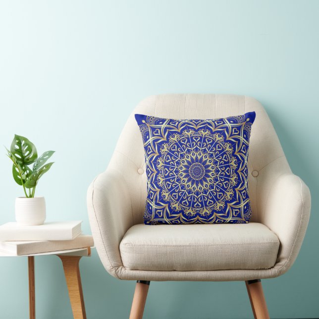 Almofada Elegante Blue e Dourado Mandala Boho (Cadeira)