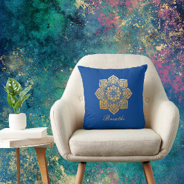 Almofada Elegante Breathe Deep Royal Blue e Dourado Mandala
