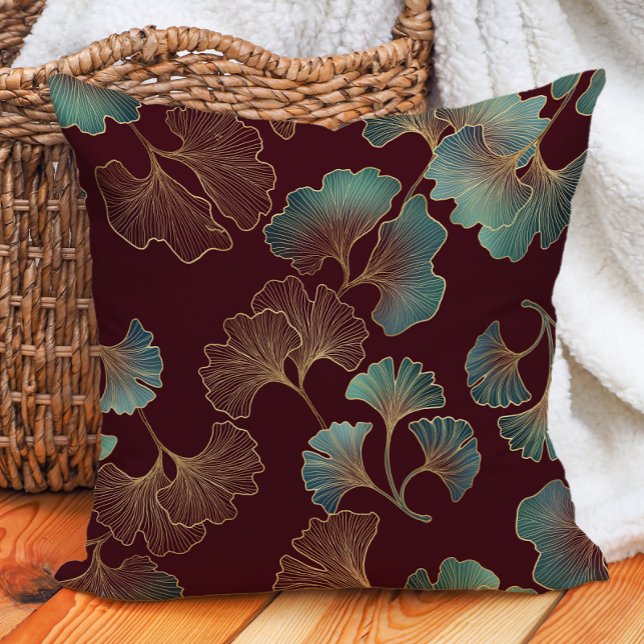 Almofada Elegante Burgundy Teal Dourada Gincko Folhas (Elegant burgundy/wine, teal, and gold ginko decorator pillow)