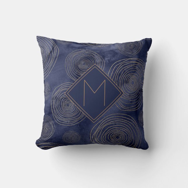 Almofada Elegante Chic Azul Marinho Dourado Monograma Aquar (Frente)