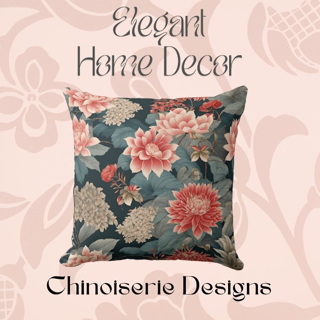 Almofada Elegante Chinoiserie Teal Peach Florals (Criador carregado)
