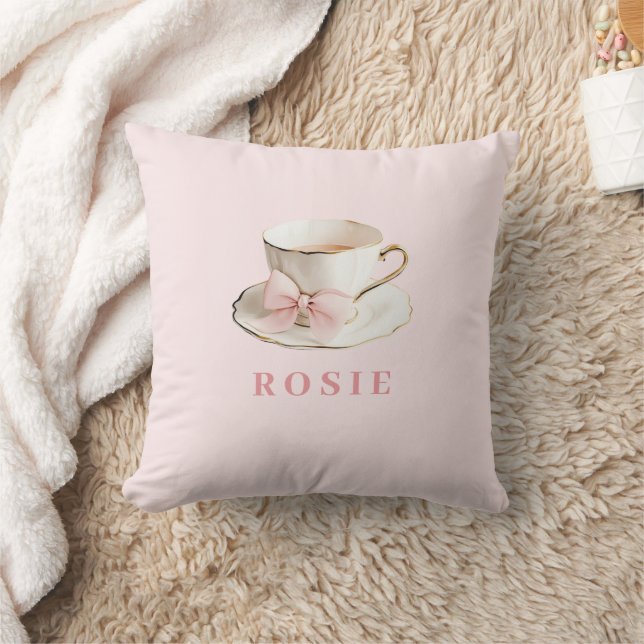 Almofada Elegante Coquette Preppy Pink Teacup com Arco (Cobertor)