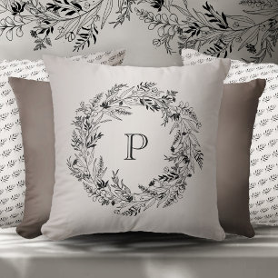 Almofada Elegante coroa botânica minimalista letra P