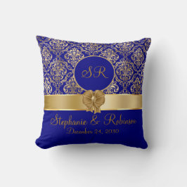 Almofada Elegante Damasco Dourado Sobre Monograma Azul-Mari