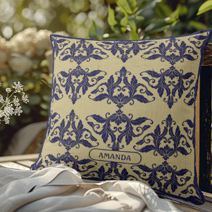 Almofada Elegante damasco vintage azul naval monograma amar