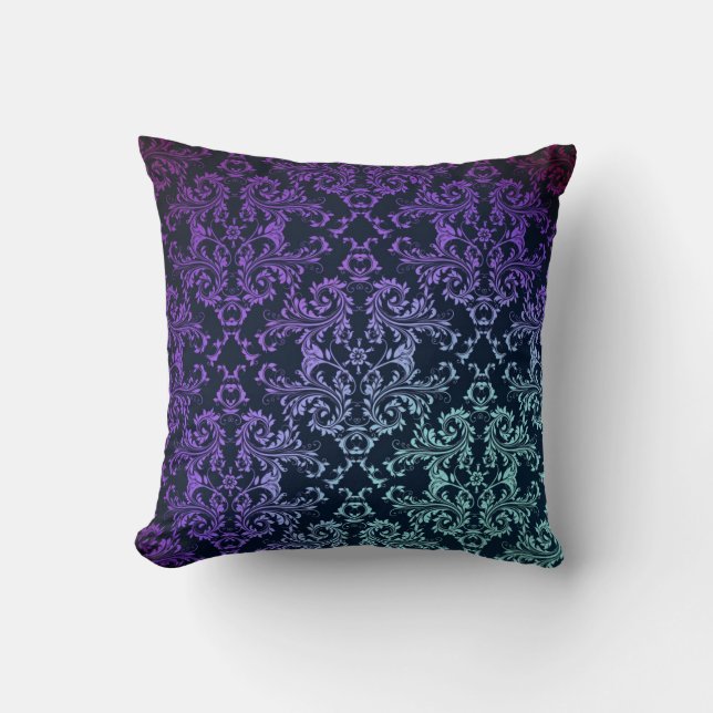 Almofada Elegante Damask Azul Teal Roxo Preto (Frente)