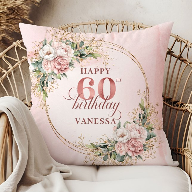 Almofada Elegante Design de Eucalipto em Rosa Dourado para  (Graceful Rose Gold Eucalyptus Design 60th birthday pillow)