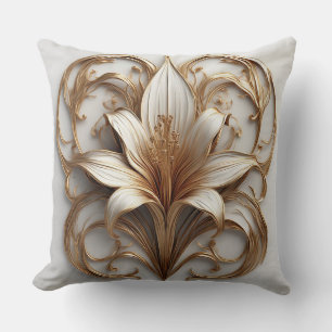 Almofada Elegante Design Ornamental Lírio Dourado Branco