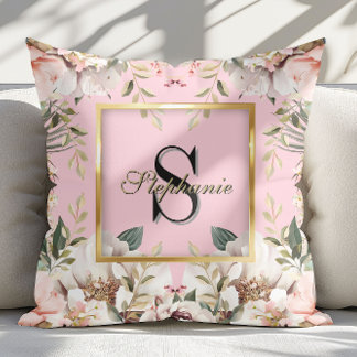 Almofada Elegante Dourado Floral Monograma Cor-de-rosa