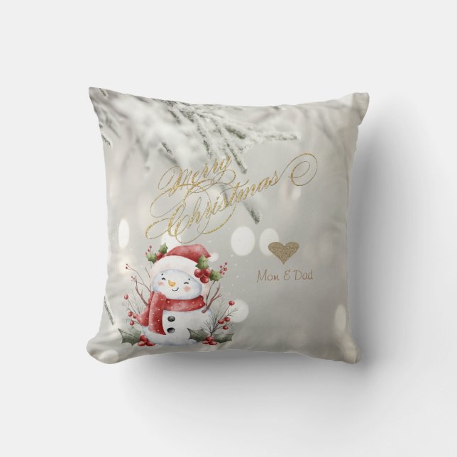 Almofada Elegante Dourado Glitter Heart Snowman (Frente)