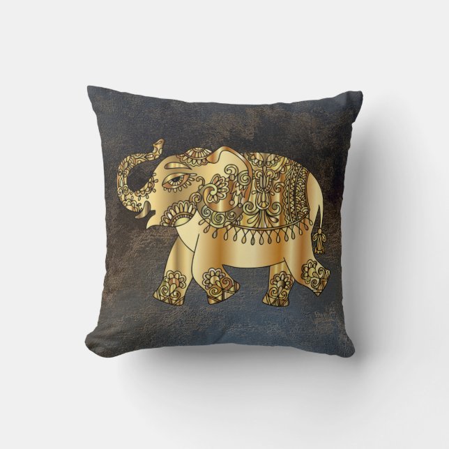 Almofada Elegante Dourado Paisley Elephant, Leather Look (Frente)