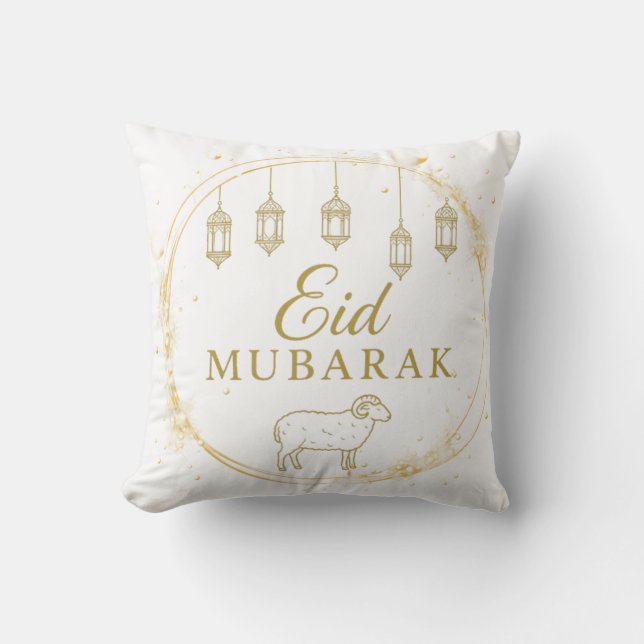 Almofada Elegante Eid Mubarak Dourado Lanterna e Design de  (Frente)
