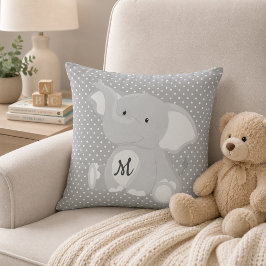 Almofada Elegante Elefante Monograma Cinza e Bolinhas Branc