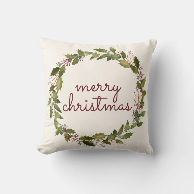 Almofada Elegante Feliz Natal Holly Berry Vintage Script (Frente)