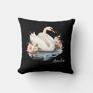 Almofada Elegante Floral Aquarela Cisne Negro Nome da Filha