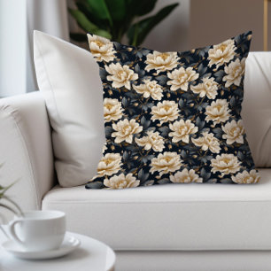 Almofada Elegante Floral Creme Azul-marinho Preto