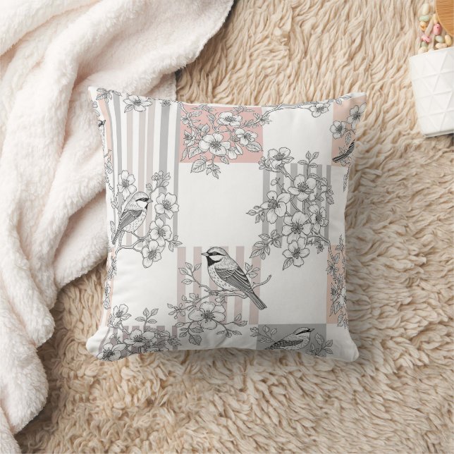 Almofada Elegante Floral de Ave com Listras de Pêssego (7) (Cobertor)