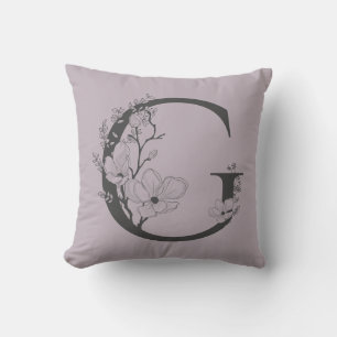 Almofada Elegante G Boho Monograma Floral Inicial Cinza Lil