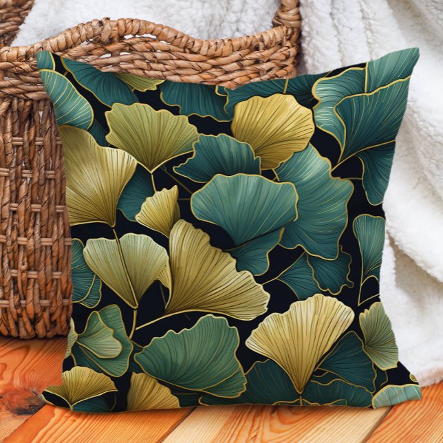 Almofada Elegante Green Dourado Ginko deixa preto (Elegant green and gold ginko on black decorator pillow)
