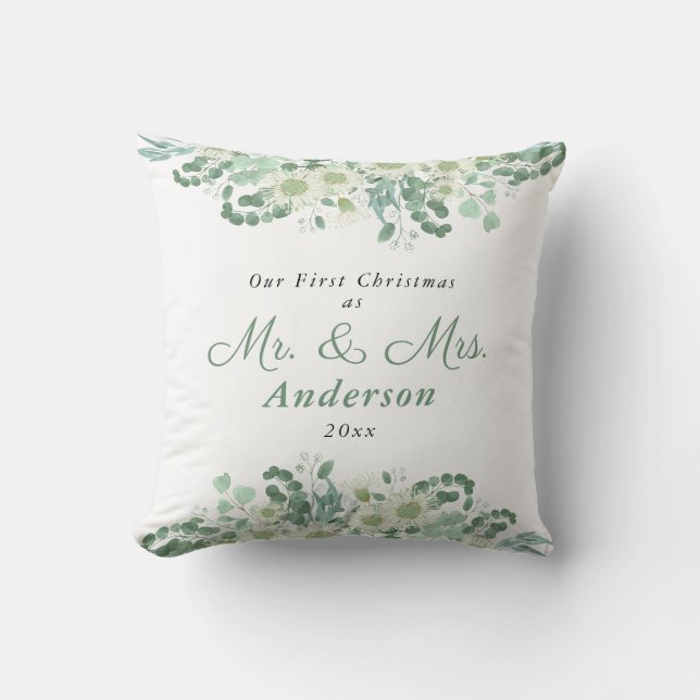 Almofada Elegante Greenery Primeiro Natal como Sr. & Sra. (Frente)