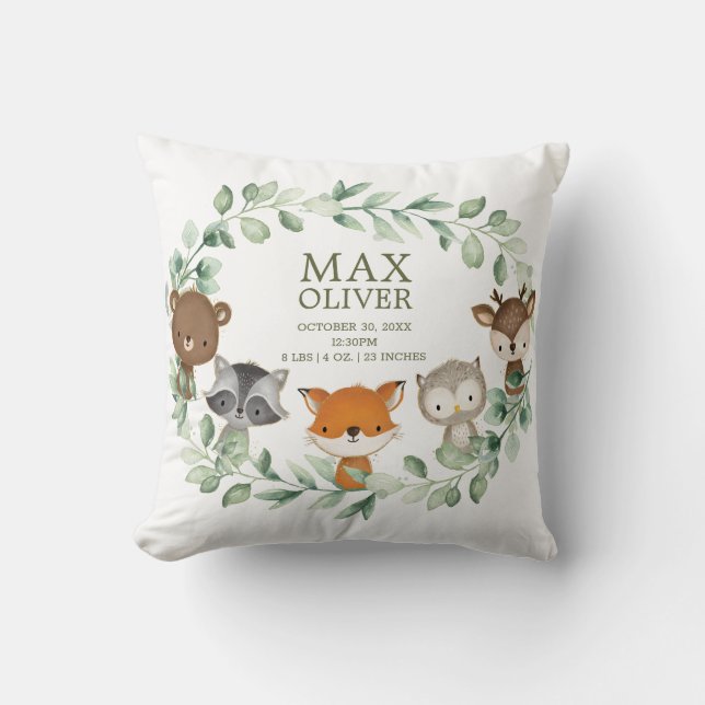 Almofada Elegante Greenery Woodland Birth Stats Boy Nursery (Frente)