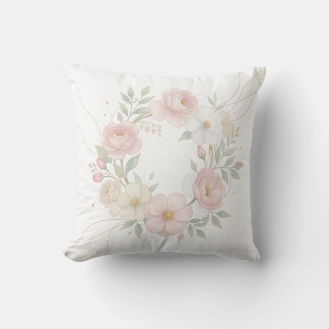 Almofada Elegante Grinalda Floral Rosa Pastel Design Botâni (Frente)