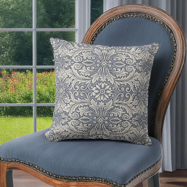 Almofada Elegante italiano Damask in Slate Blue and Cream (Criador carregado)