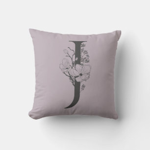 Almofada Elegante J Boho Monograma Floral Cinza Lilac Inici