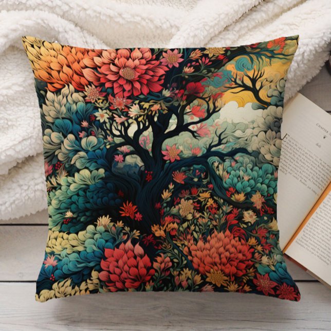 Almofada Elegante Laranja Queimada Dourada Natureza Chinois (Orange and teal leaves in forest pillow)