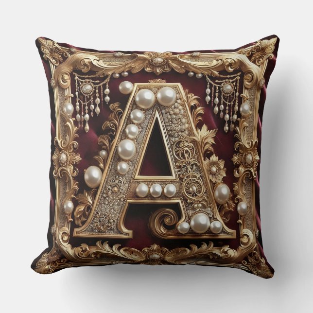 Almofada Elegante Letra A Dourada Ornamentada Com Pérolas (Frente)