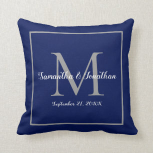 Almofada Elegante Marinho de Monograma Moderno, Guarda Azul