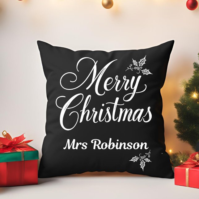 Almofada Elegante Merry Christmas Custom Name Holly Berries (Criador carregado)