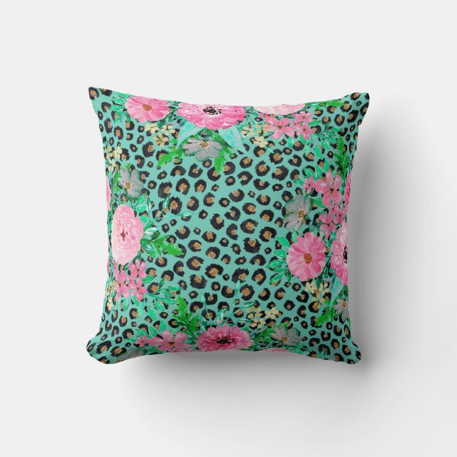 Almofada Elegante Mint Leopard Print e Floral Design (Frente)