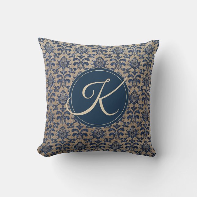 Almofada Elegante Monograma Bege e Azul Damask (Frente)