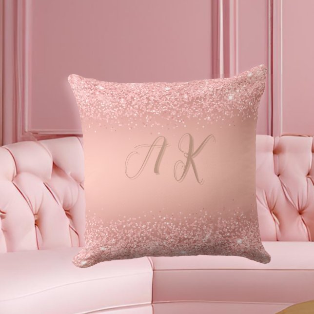Almofada Elegante Monograma Luxuoso com Brilho em Rosa Dour (A chic housewarming or birthday gift —personalized with her initial in luxe rose gold shimmer.)