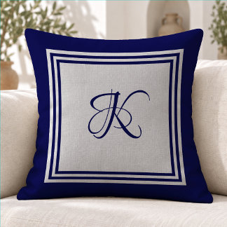 Almofada Elegante Monograma Quadrado Moderno em Azul Cinza