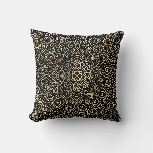 Almofada Elegante Na moda negro Dourado Mandala (Frente)